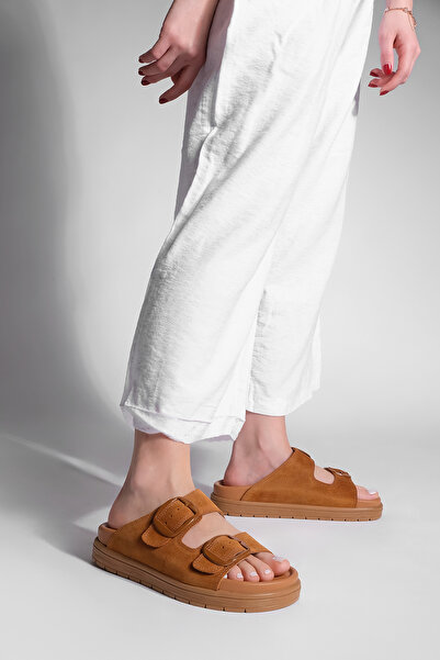 Marjin Women's Genuine Leather Buckle Thick Sole Daily Slippers Rontes Tan Suede