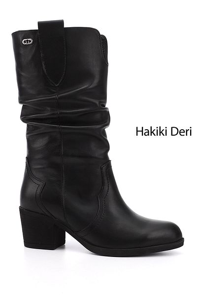 GÖNDERİ(R) Women/Girls Black Thick Heeled Gusseted Genuine Leather Boots
