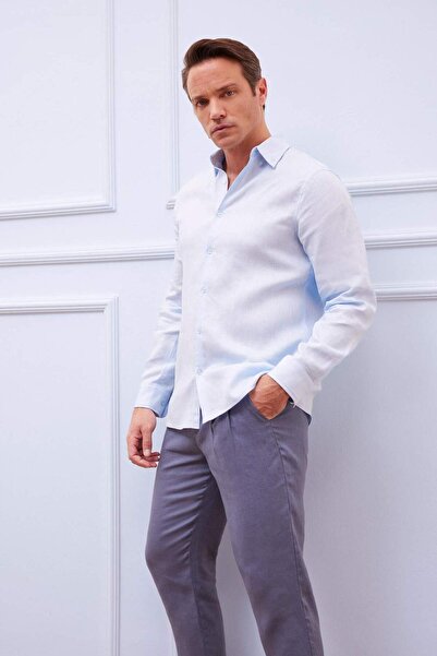 DeFacto %100 Keten Regular Fit Polo Yaka Yazlık Basic Düz Uzun Kollu Gömlek C1825ax25sm