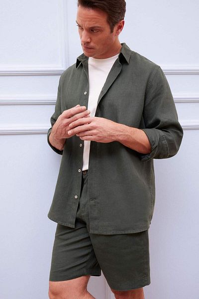 DeFacto 100% Linen Regular Fit Polo Neck Summer Long Sleeve Shirt D9925Ax25Sp