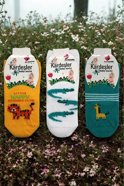 KARDEŞLER ÇORAP Children's Multicolored Patterned Booties Socks 3 Pack