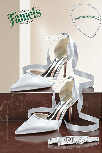 Famels Pearl Rhinestone High Heels Shoes Pearl Ankle Strap Silver Evening Dress Shoes Evening Party Shoes