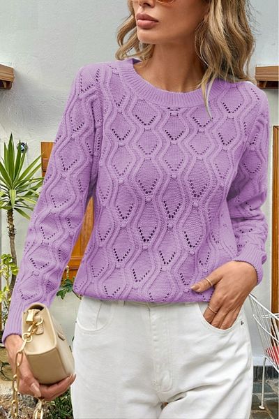 hanope Pulover de damă tricotat cu model ajurat, liliac