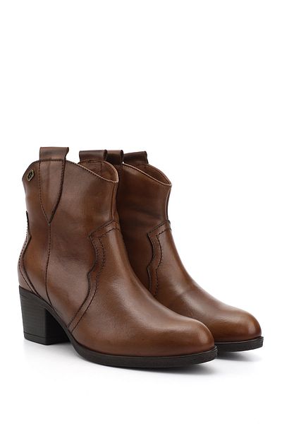 GÖNDERİ(R) Women / Girls Tan Antique Thick Heeled Genuine Leather Cowboy Boots