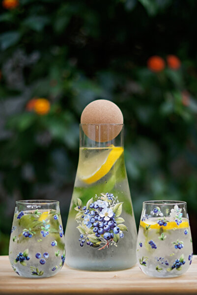 Caga Home CAGA PİNTEREST Yabanmersini Desenli 2 Parça Bardak ve Borosilikat C...