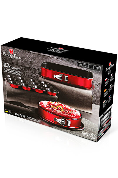 Berlinger 3 Pcs Oven Mold Set Cake Bake Set Titanium Coated Baking Tin Set Burgundy Metallic Line Muffin