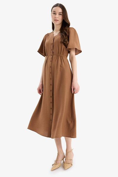 DeFacto A-Line V-Neck Short Sleeve Midi Dress E1128Ax25Sm