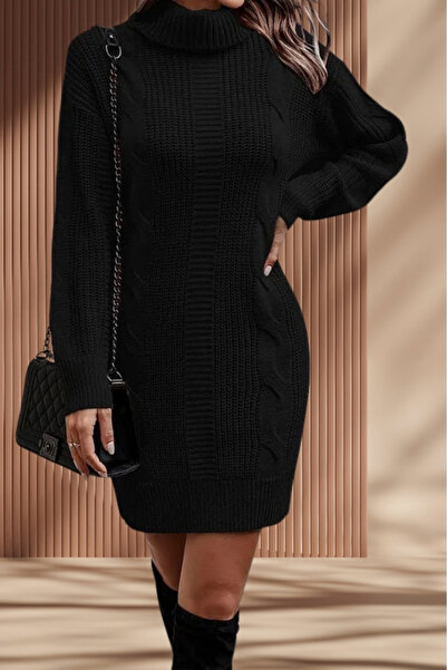 hanope Saç Örgü & Selanik Örgü Desenli Links Detay Boğazlı Uzun Kol Sırt Detaylı Siyah Triko Elbise Tunik