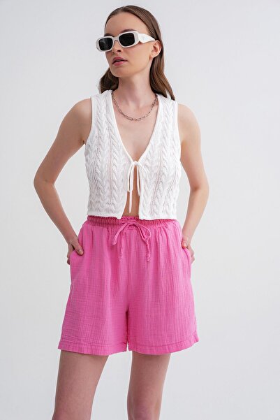 Mixray Pink Elastic Waist Branch 4548 Model Women's Shorts