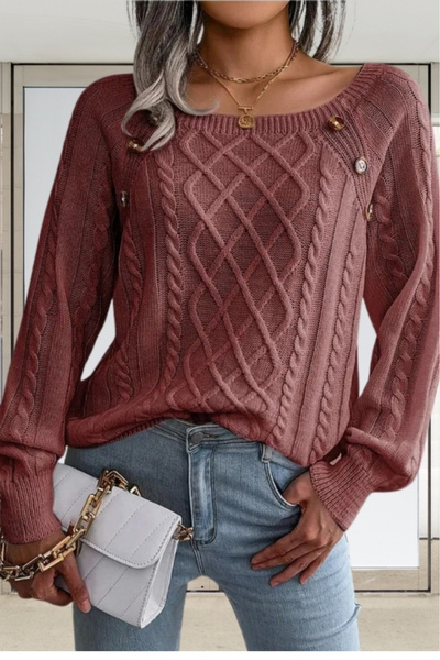 hanope Γυναικείο πλεκτό πουλόβερ με λαιμόκοψη με μοτίβο με κουμπιά με λεπτομέρεια από κανέλα