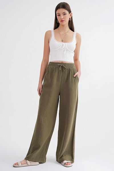 Mixray Women's Elastic Waist Muslin Palazzo Trousers Khaki 4286
