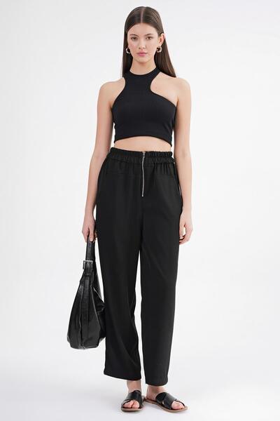 Mixray 4669 Women's Zipper Detailed Elastic Waist Regular Trousers Black