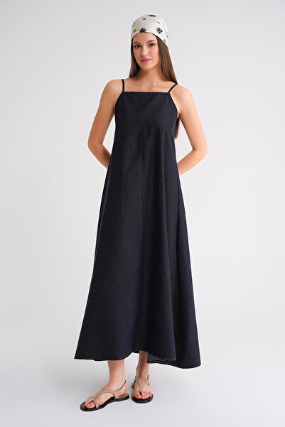 Mixray 4687 Women's Rope Strap Midi Denim Dress Navy Blue