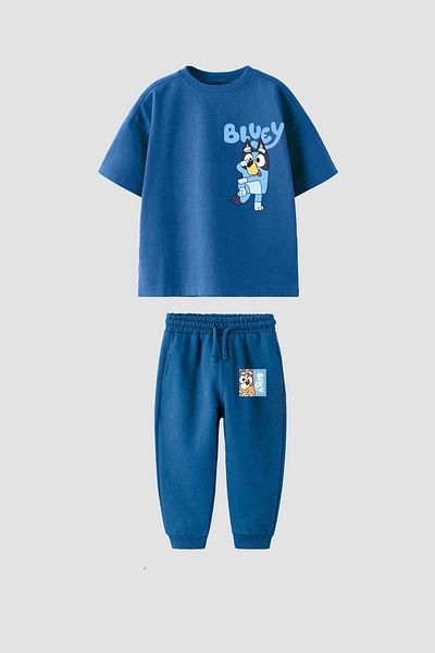 Monila Set de pantaloni pentru băiat, din bumbac, cu imprimeu albastru, cu gâtul turn