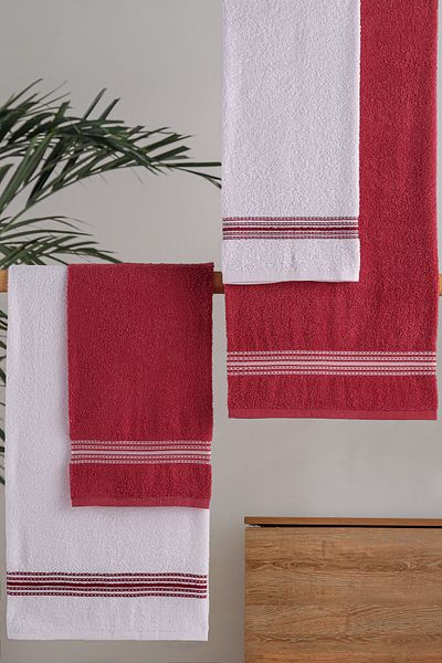 MODALİN Bath Towel Set 4-Piece Burgundy-White Elvin – Soft Texture, Quick Dry (70X140 X2 /50X90Cm X2 cm)