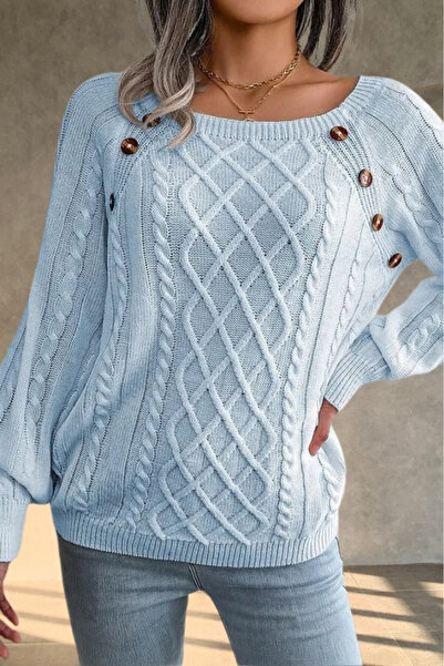 hanope Pulover de damă, cu gât de barcă, tricot de păr, cu model, cu nasturi, detaliat