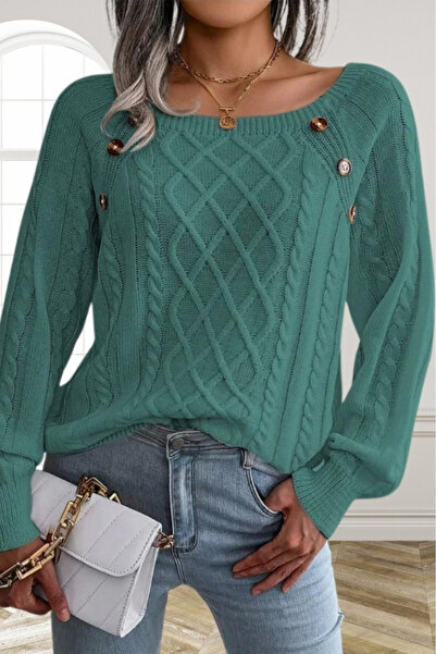 hanope Pulover de damă, cu gât de barcă, împletitură de păr, cu modele, cu butoane, tricotaje de mentă