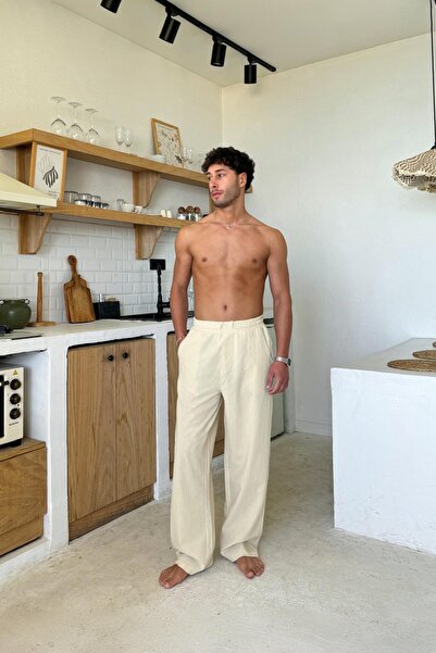 Flaw Wear Bel Lastikli Rahat Kesim Bej Keten Pantolon