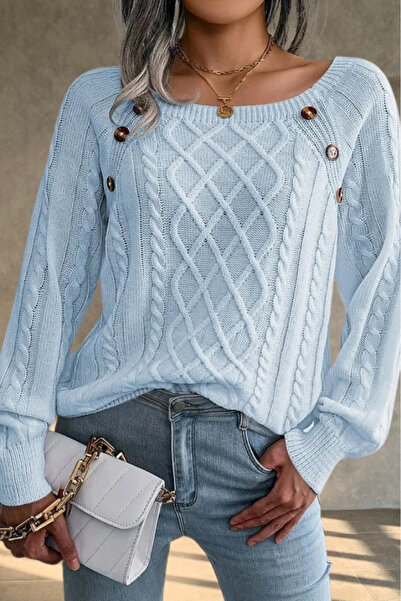 hanope Pulover de damă, cu gât de barcă, tricot de păr, cu model, cu nasturi, detaliat