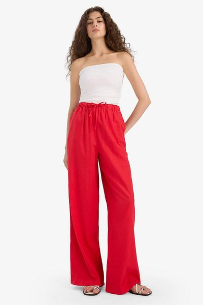 DeFacto Wide Leg Double Pocket Elastic Waist Standard Length Linen Blend Trousers E1981Ax25Sm