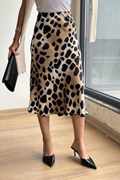 Mixray Women's Leopard Satin Skirt - Beige, Elastic Waist