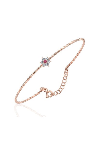 FasekGold Gümüş Bilezik - Ortası Yakut Taşlı Çiçek 925 Ayar Gümüş Bilezik