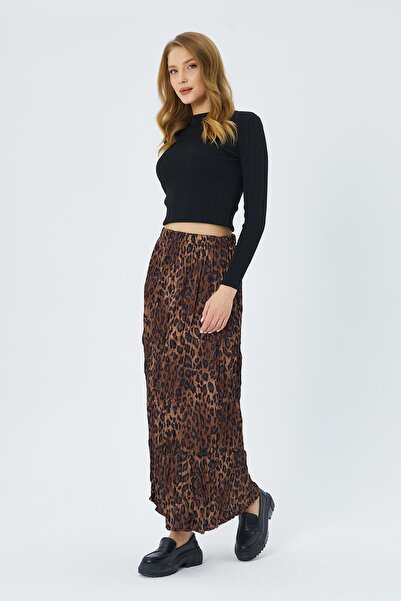Mixray 4619 Women's Leopard Patterned Satin Skirt Brown