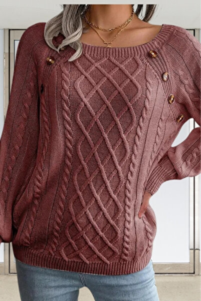 hanope Γυναικείο πλεκτό πουλόβερ με λαιμόκοψη με μοτίβο με κουμπιά με λεπτομέρεια από κανέλα