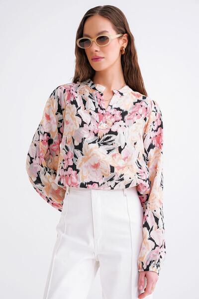 Mixray 4649 Γυναικείος γιακάς Judge Floral μοτίβο μπλούζα με κορδόνι ροζ