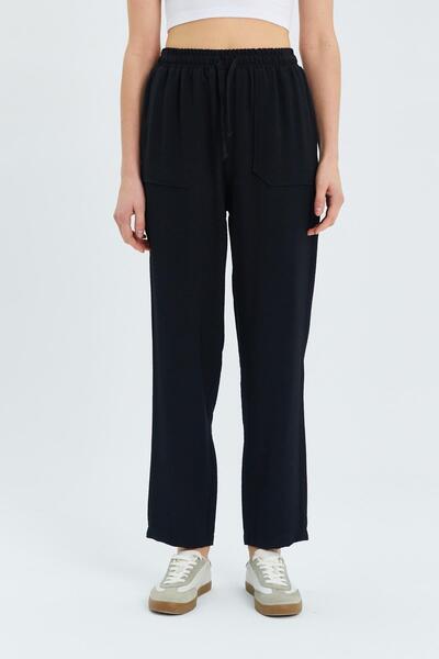 Mixray 4617 Women's Black Draped Trousers - Double Pockets