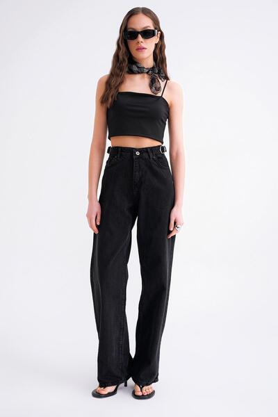 Mixray 2006 Kadın Yandan Tokalı Geniş Paça Rahat Baggy Jean Siyah