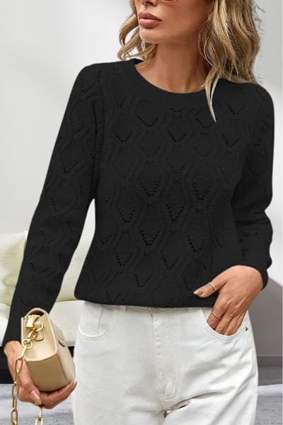hanope Pulover negru tricotat pentru femei, cu modele ajurate