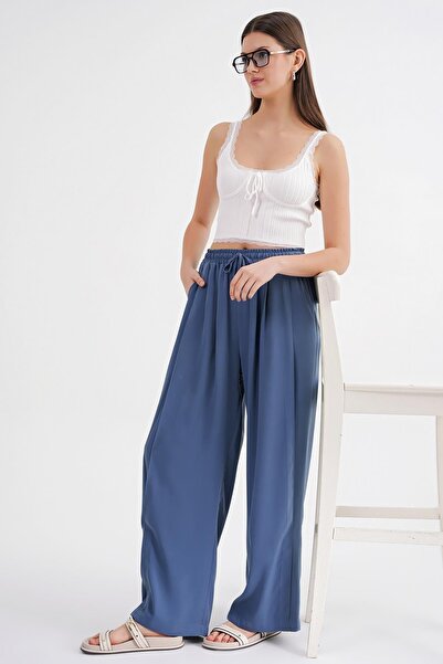 Mixray 4668 Women's Pleated Palazzo Wide Leg Pants Indigo