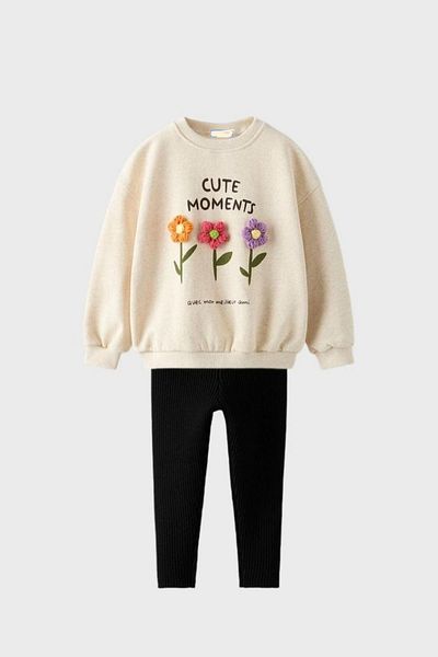 Monila Girl's 3 Thread Fabric Embroidery Detailed Ribbed Tights Top Set