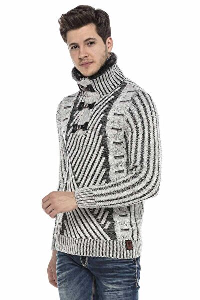 Cipo&Baxx Erkek Siyah Yakası Kürklü Dokulu Kilitli Çizgili Kalın Kazak