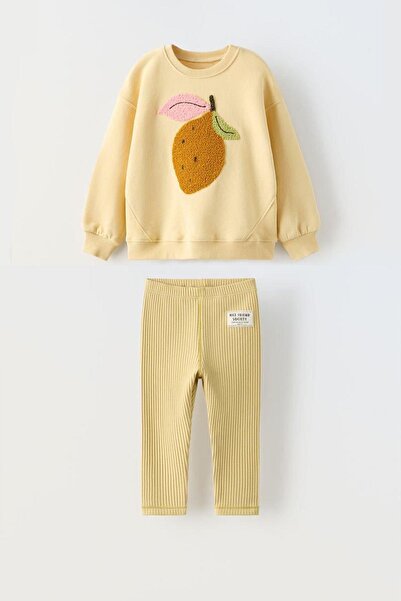 Monila New Season Girl's Fruit Stream Embroidered 3 Thread Cotton Sweatshirt and Ribbed Tights Top Set