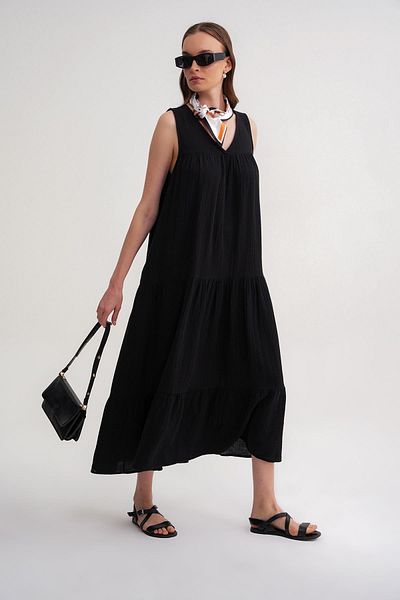 Mixray 4673 Rochie de damă cu detaliu de muselină, neagră