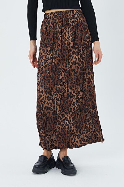 Mixray 4619 Women's Leopard Patterned Satin Skirt Brown