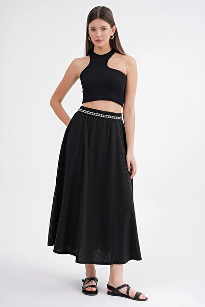 Mixray Women's Elastic Waist Lace Striped Linen Skirt - Black