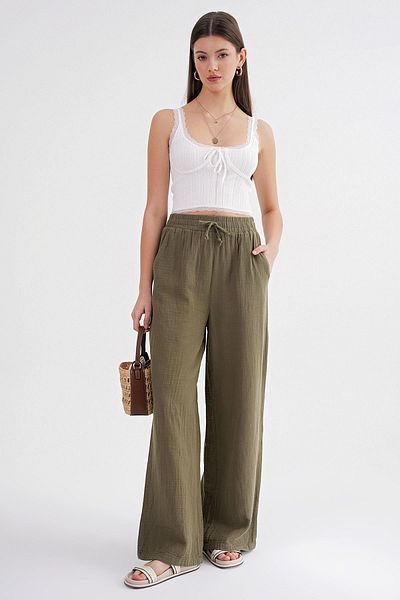 Mixray Women's Elastic Waist Muslin Palazzo Trousers Khaki 4286