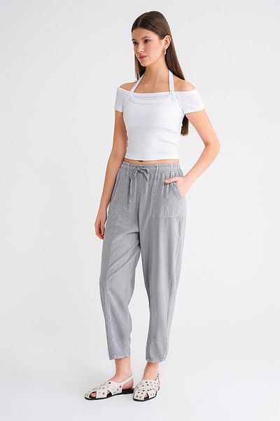 Mixray 4436 Women's Linen Striped Shalwar Trousers Gray
