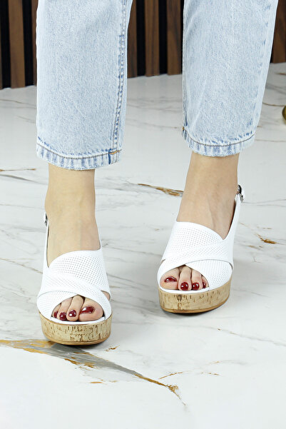 Erkan Saçmacı Serie White Genuine Calfskin Hole Detailed Cork Sole Look Wedge Heeled Slingback Sandals