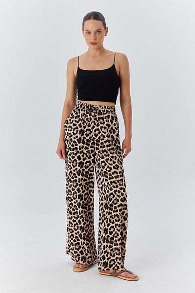 Mixray 4546 Model Beige Satin Palazzo Trousers - Leopard Pattern
