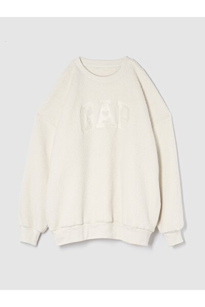 GAP Kadın Kırık Beyaz Logo Oversize Sherpa Kalpli Sweatshirt