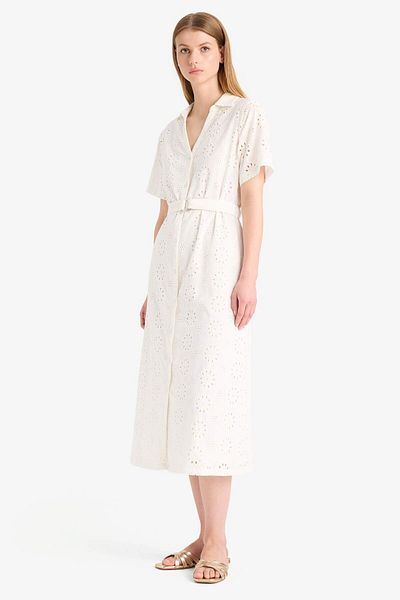 DeFacto Shirt Collar Brode Short Sleeve Midi Dress F0430Ax25Sm