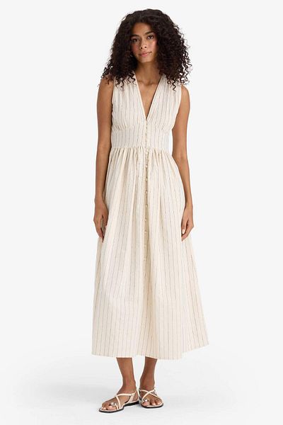 DeFacto V-Neck Striped Poplin Sleeveless Midi Dress F7284Ax25Sm