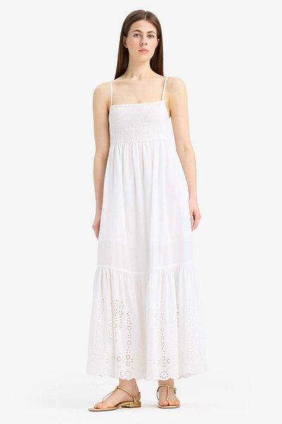 DeFacto Rochie maxi albă din bumbac cu guler elastic E6856AX25SM