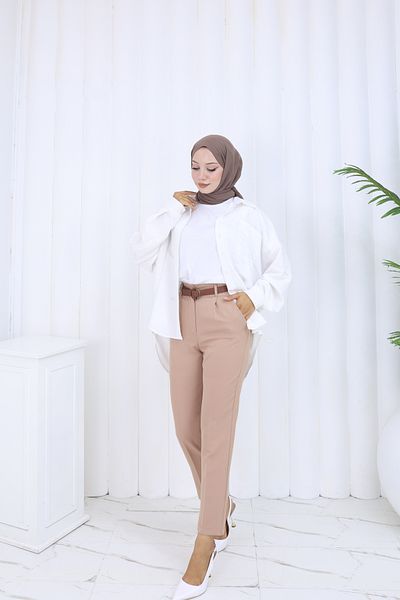 HANIMCA GİYİM Belted Waist, Elastic Back, Side Pockets, Pencil Cut Summer Pants