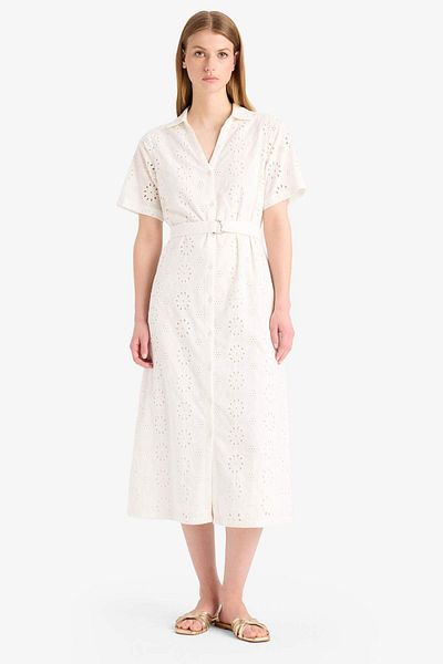 DeFacto Shirt Collar Brode Short Sleeve Midi Dress F0430Ax25Sm