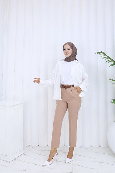HANIMCA GİYİM Belted Waist, Elastic Back, Side Pockets, Pencil Cut Summer Pants